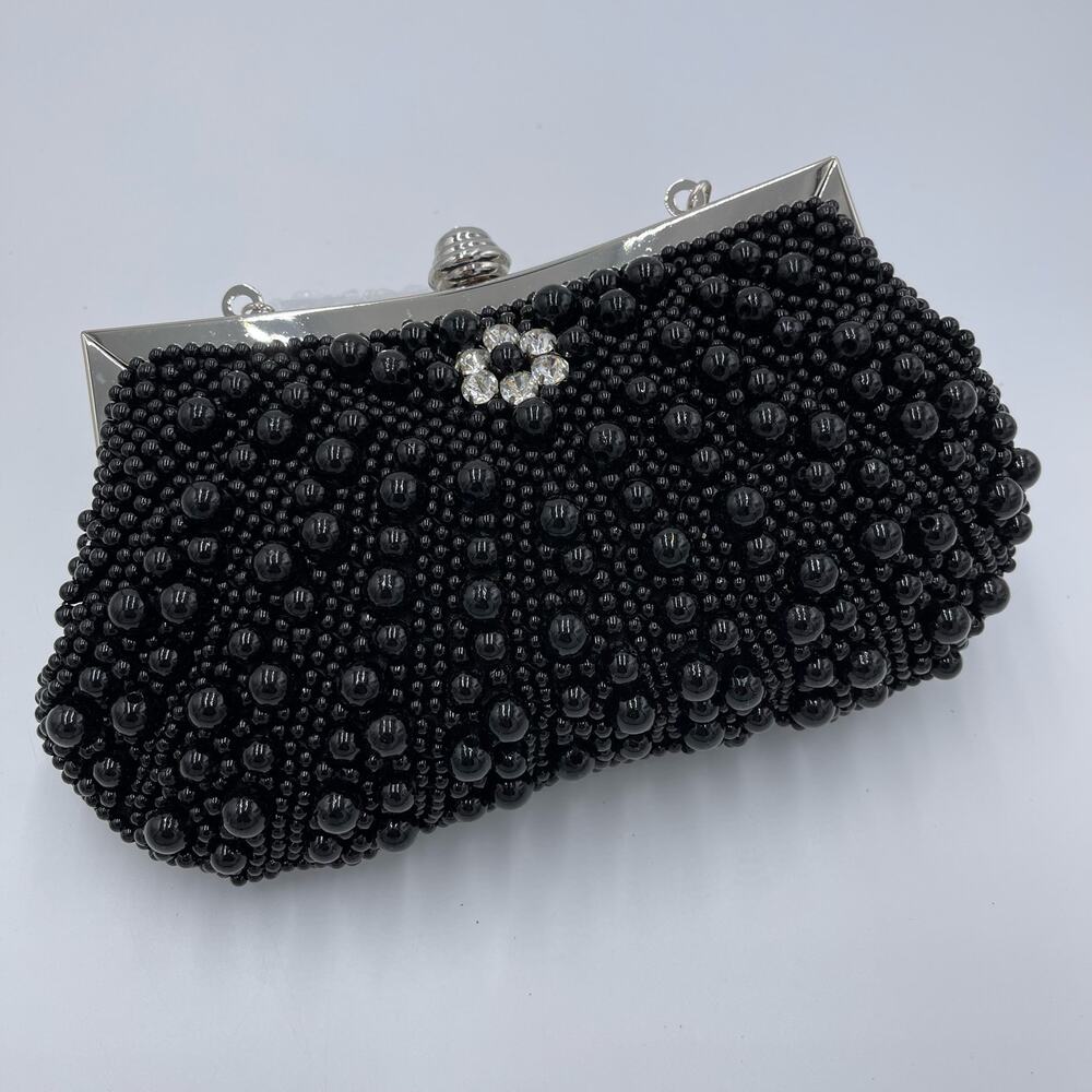 Retro Black Floral Embellished Large Beading Evening Clutch - Picture 3 of 5